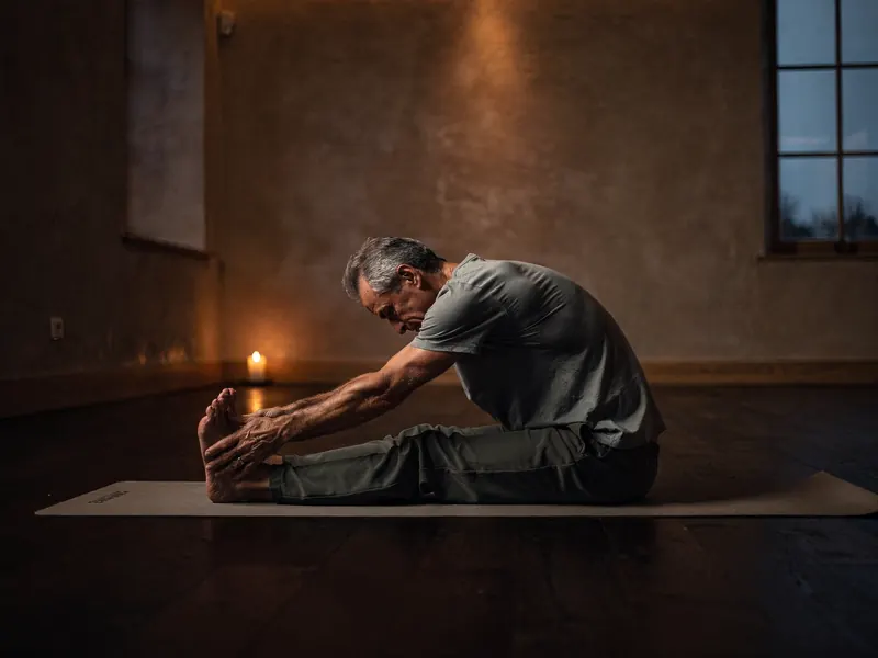 A man in his sixties in a seated forward fold in a candlelit studio