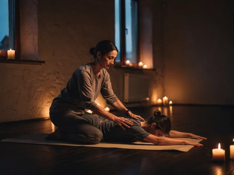 A teacher kneeling beside a student, gently guiding a stretch in a candlelit studio