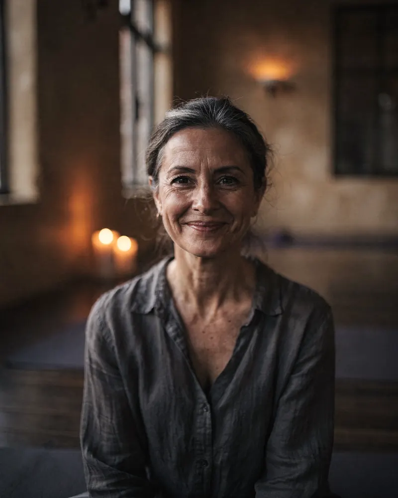 Ivy, a yoga teacher in her fifties, in the studio