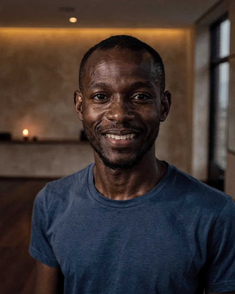 Sam, a yoga teacher in his thirties, in the studio