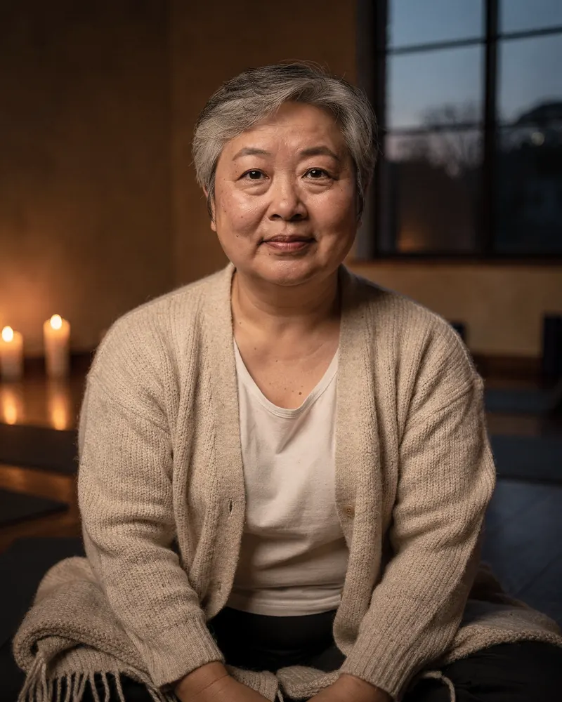 Jo, a yoga teacher in her sixties, in the studio