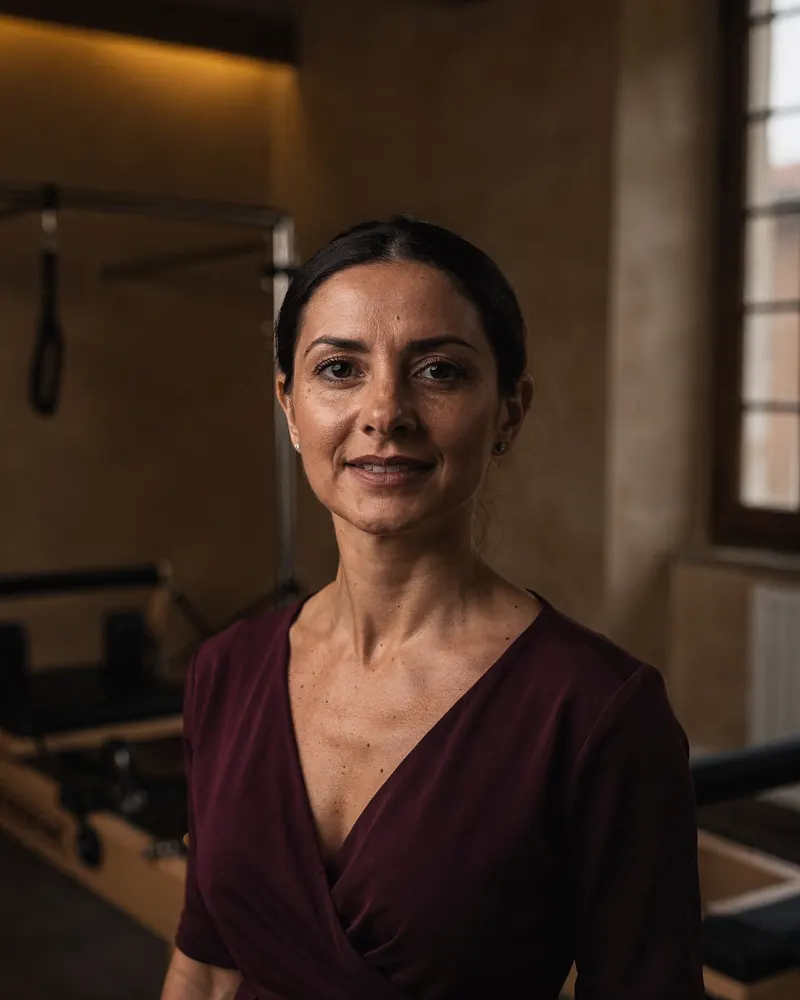 Elena, a Pilates teacher in her thirties, in the studio