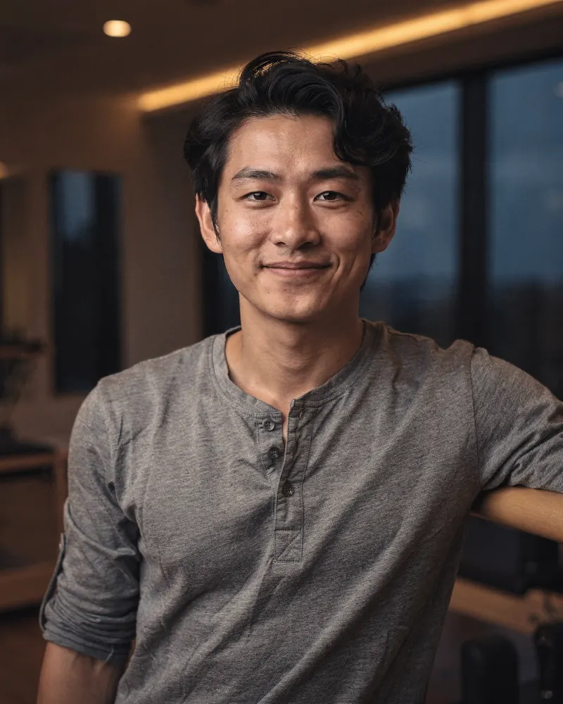 Theo, a Pilates teacher in his twenties, in the studio